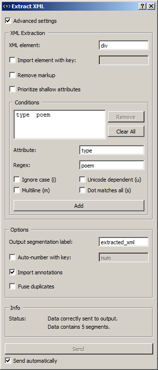 Advanced interface of the Extract XML widget