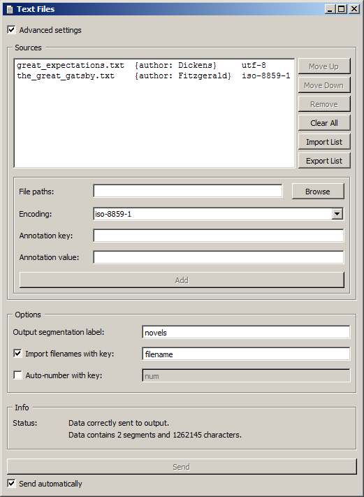 Advanced interface of the Text files widget